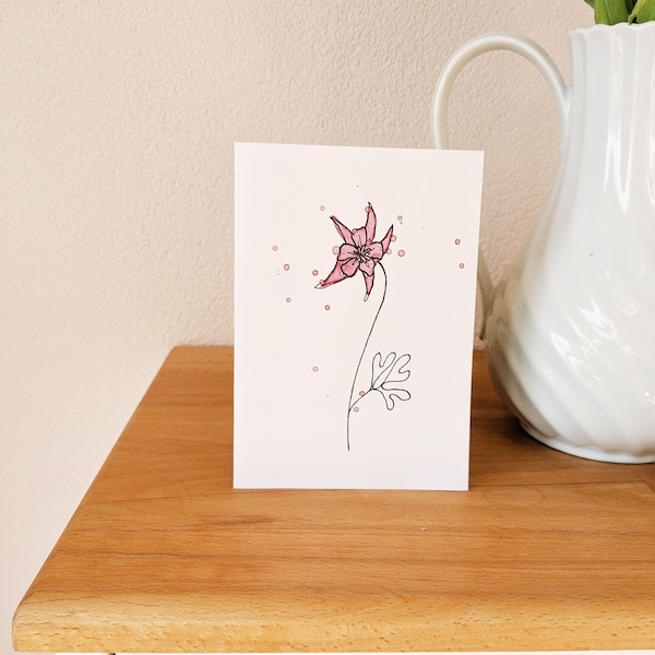 Grußkarte Blumenkarte Lineart Karte mit Blume Akelei in pink Klappkarte Postkarte