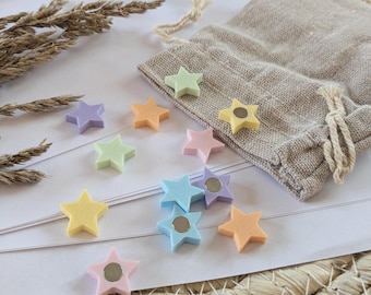 Set of 12 star magnets in pastel colors, 3D printed stars: approx. 16 mm diameter, pink, light blue, lilac, green, peach, yellow