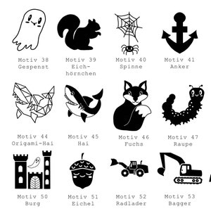 May include: Black and white illustrations of various objects, including a mushroom, ghost, squirrel, spider web, anchor, sun, koala, origami shark, shark, fox, caterpillar, volcano, castle, tower, acorn, bulldozer, excavator, and car. Each illustration is labeled with a number and a German word describing the object.