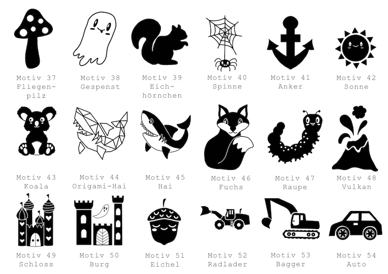 May include: Black and white illustrations of various objects, including a mushroom, ghost, squirrel, spider web, anchor, sun, koala, origami shark, shark, fox, caterpillar, volcano, castle, tower, acorn, bulldozer, excavator, and car. Each illustration is labeled with a number and a German word describing the object.