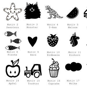 May include: Black and white illustrations of 18 different objects, including a star, a starfish, a monster, a T-Rex, a watermelon, a fire truck, a soccer ball, fish, a heart, a strawberry, a unicorn, a dinosaur, a leaf, an apple, a tractor, a cupcake, a cloud, and a fawn. Each illustration is labeled with a German word and the number 1 through 18.