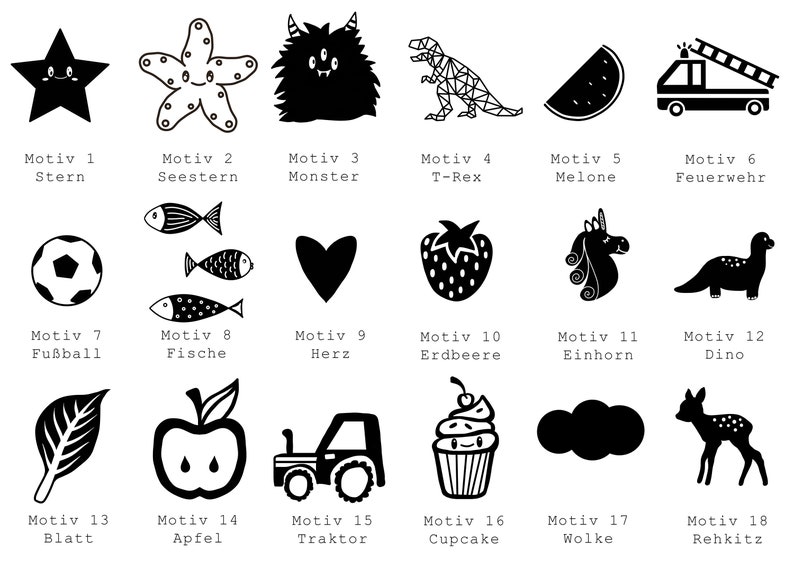 May include: Black and white illustrations of 18 different objects, including a star, a starfish, a monster, a T-Rex, a watermelon, a fire truck, a soccer ball, fish, a heart, a strawberry, a unicorn, a dinosaur, a leaf, an apple, a tractor, a cupcake, a cloud, and a fawn. Each illustration is labeled with a German word and the number 1 through 18.