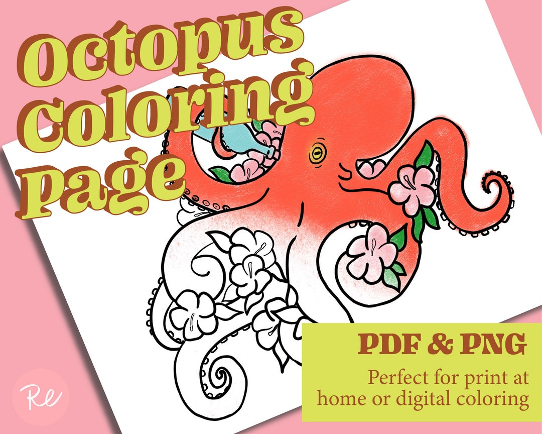 Octopus Coloring Page - Print at Home Digital Coloring Octopus Decor ...