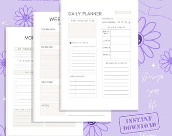 Planificador minimalista diario, semanal y mensual imprimible Set Descarga instantánea, A4/A5/Carta
