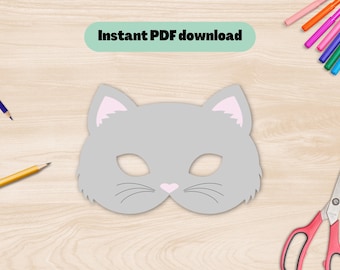 Cat paper mask kids costume, Farm animal, Cat party mask, Cat masquerade mask, Cat halloween mask, Printable cat mask template