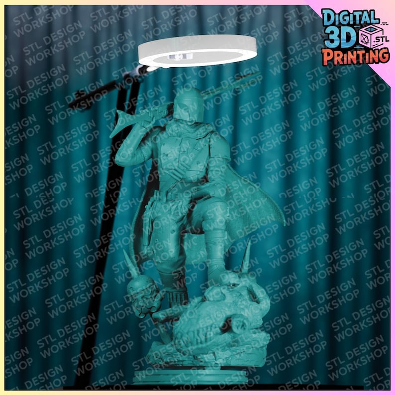 Puede incluir: Una figura teal impresa en 3D de un personaje de una serie de ciencia ficci&oacute;n, arrodillado sobre una base detallada. La figura sostiene un arma y lleva una armadura. Una luz de anillo est&aacute; colocada encima de la figura. El fondo tiene un patr&oacute;n repetitivo.