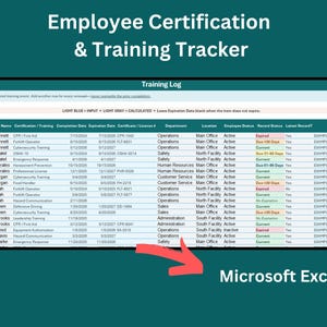 May include: A digital Employee Certification & Training Tracker spreadsheet template for Microsoft Excel. The interface displays a Training Log table with columns for employee details, certification types, dates, status, and department information.