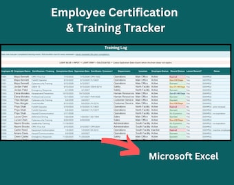 Op de afbeelding: Een digitaal spreadsheet-sjabloon Employee Certification & Training Tracker voor Microsoft Excel. De interface toont een Training Log tabel met kolommen voor werknemersgegevens, certificeringstypen, datums, status en afdelingsinformatie.