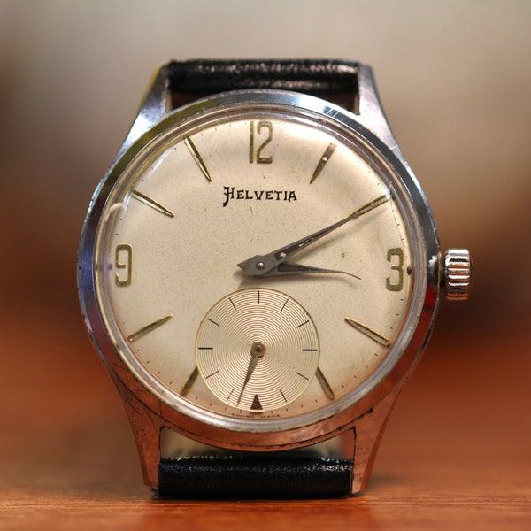 Vintage 1950s Swiss Made Gents Mechanical Watch by Helvetia 351 Champagne Dial Sub Second,
