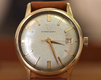 Vintage 1960 Eterna Matic 20 micrones acero chapado en oro reloj automático calendario configuración de cambio rápido. Eterna Cal. 1426