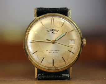 Vintage Everswiss 1960s Gents Dresswatch Handwound Gold Plated Amazing Patina Vintage Watch