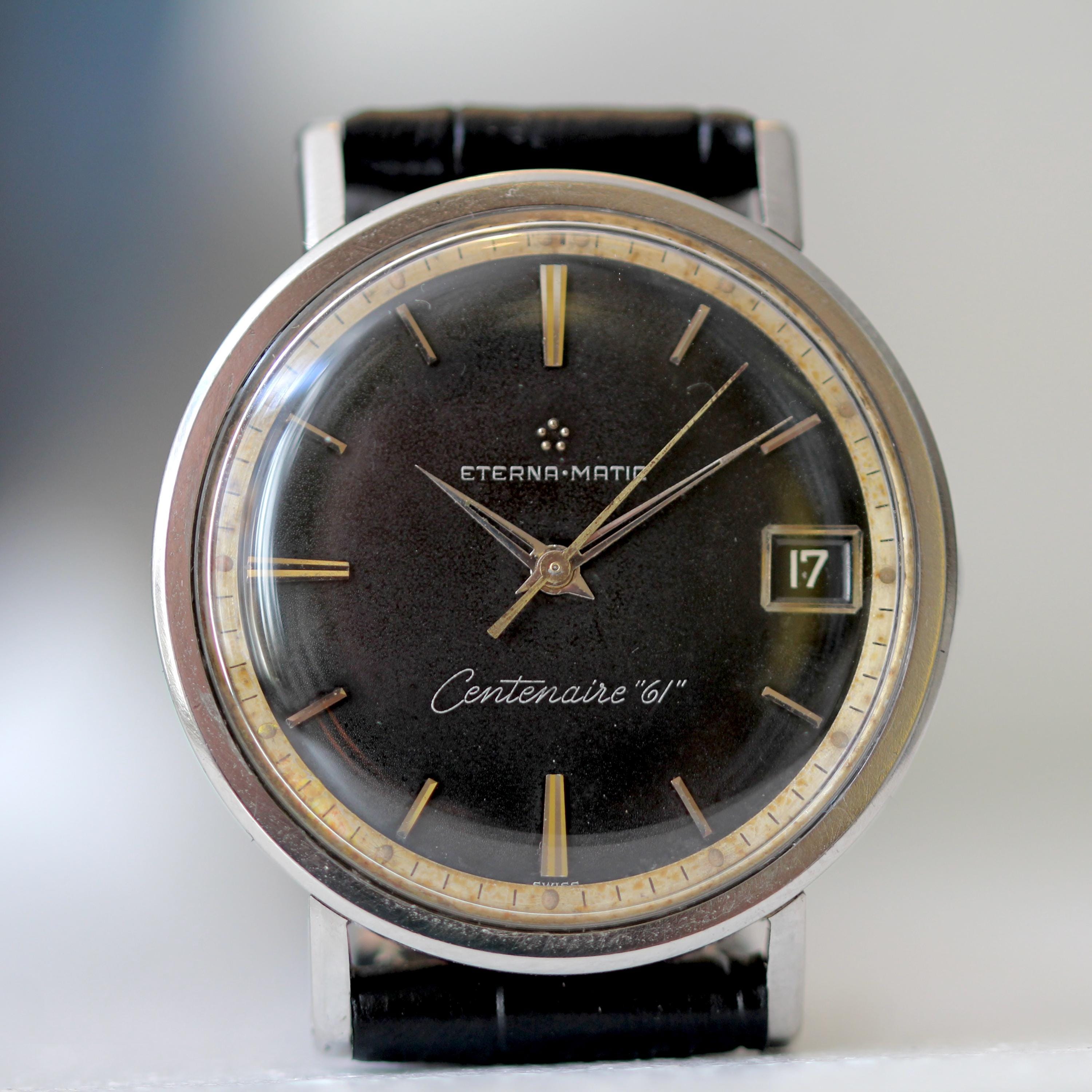 Vintage 1960s Eterna Matic Centenaire 61' Rare Black Dial