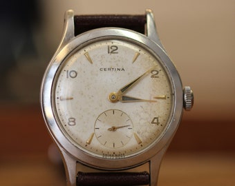 Vintage 1951 Certina Jumbo Oversized heren stalen Zwitsers mechanisch horloge met leren band