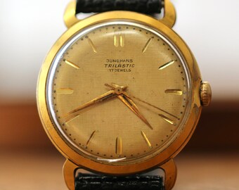 Vintage Junghans Trilastic Gold Plated Gents Mechanical Watch 1950s Linen Dial "Fox Ears"