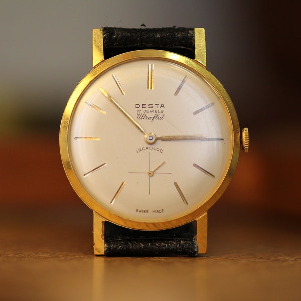 Vintage Swiss Dresswatch "Desta" Ultraflat Subsecond Gents 1960s Gold Plated Mechanical Watch