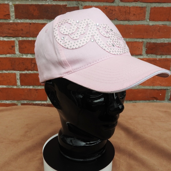 Damen-Basecap rosa mit rosa/silberner Glitzerapplikation, kristallfarbenem Strass, weißer Biese Kappe Cap Baseball Westernreiten Linedance