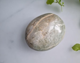 Gorgeous Green Parrot Moonstone Palm Stone,  *RARE FIND*, With A Rainbow