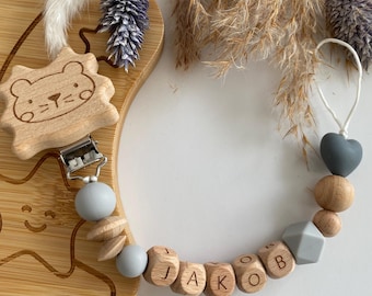 Schnullerkette mit Herz | Salbei/Rosa/Blau/Grau | Personalisiert | Geschenk zur Geburt | Junge | Schnullerclip Holz | Schnullerkette Name