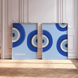 Set of 2 Greek Evil Eye Wall Art, Digital Download, Modern Blue Abstract Protection Print, Minimalist Decor, Mati Home Poster Set, Greek Art