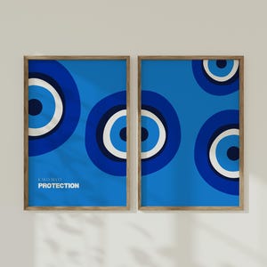 Set of 2 Greek Evil Eye Wall Art, Digital Download, Modern Blue Abstract Protection Print, Minimalist Decor, Mati Home Poster Set, Greek Art