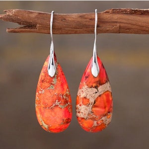 Beautiful Orange Jasper Drop Earrings With silver Ear Hooks. Please note this orange is very vibrant, completely stunning ready for summer!