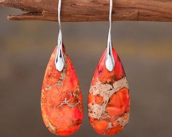 Beautiful Orange Jasper Drop Earrings With silver Ear Hooks. Please note this orange is very vibrant, completely stunning ready for summer!