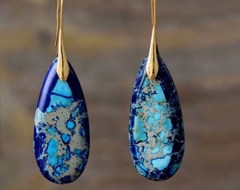 Beautiful Multicoloured Blues, Jasper Drop Earrings With Gold Ear Hook