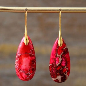 Beautiful Red Jasper Drop Earrings With Gold Ear Hook