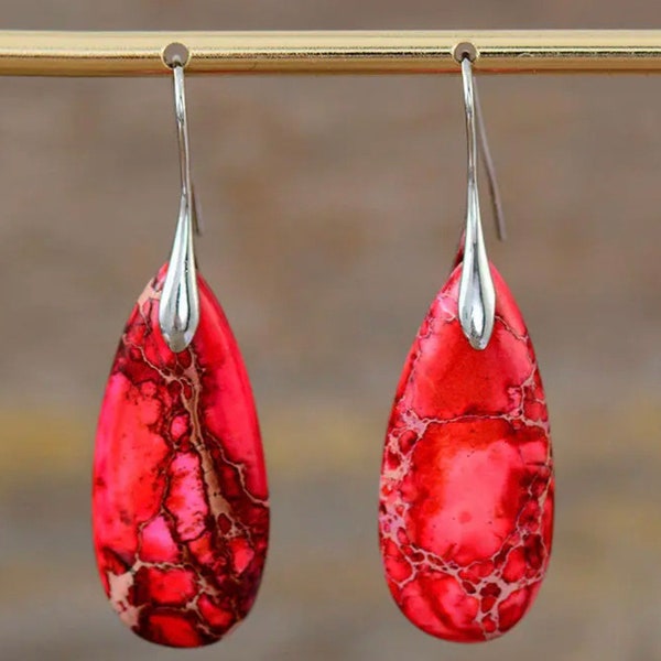 Beautiful Red Jasper Drop Earrings With Silver Ear Hook