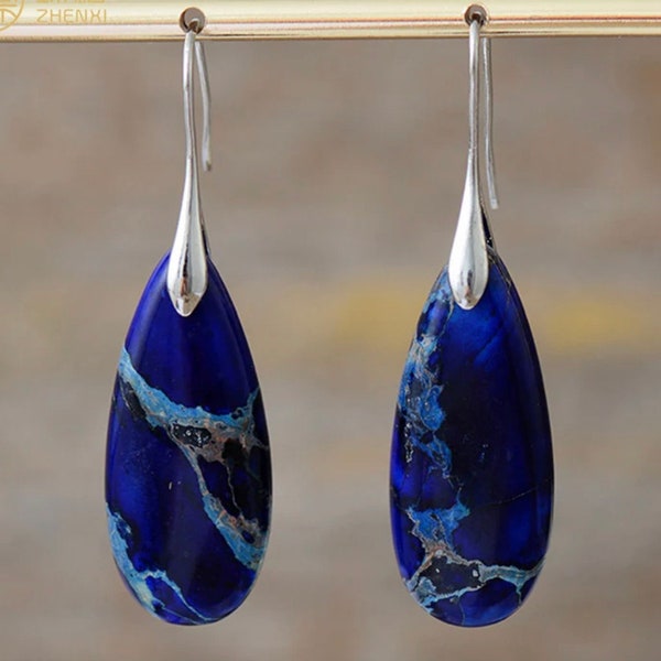 Beautiful Dark Blue Jasper Stone Drop Earrings With Silver Ear Hook