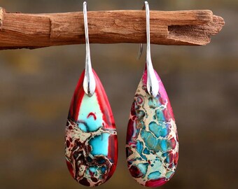 Beautiful Multicoloured red and Blues, Jasper Drop Earrings With Silver Ear Hook