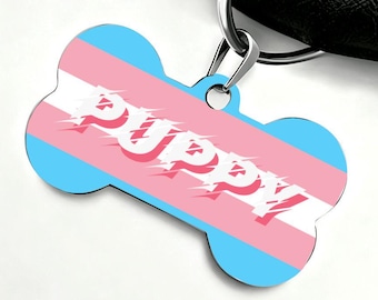PUPPY Trans Stainless Steel Dog Bone Tag | Transgender Pride BDSM Puppy Play Collar Charm