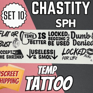 Puede incluir: Una hoja de tatuajes temporales con varias frases e imágenes relacionadas con la castidad. Las frases incluyen "Locked for Life" y "Tiny is Better". El diseño es en blanco y negro, con un fondo rosa y negro.