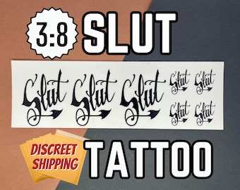 Slut Temporary Tattoo – Sexy Adult Fake Tattoo for Submissive Kink, BDSM Roleplay, Pet Play, Body Marking – 3 Size Pack Options, Discreet