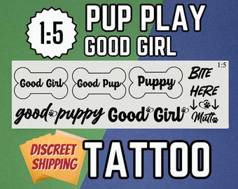 Pup Play Tattoos – Puppy Play Pet Play Tattoo Set for Submissive BDSM Roleplay, Good Boy/Girl Praise Decals, Bite Here Mutt Kink Accessories