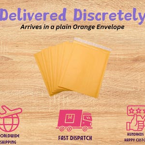 May include: A stack of orange envelopes with the text "Delivered Discretely Arrives in a plain Orange Envelope" on a wooden surface.  The image also includes three icons: a globe with an airplane, a truck, and a thumbs up with five stars.