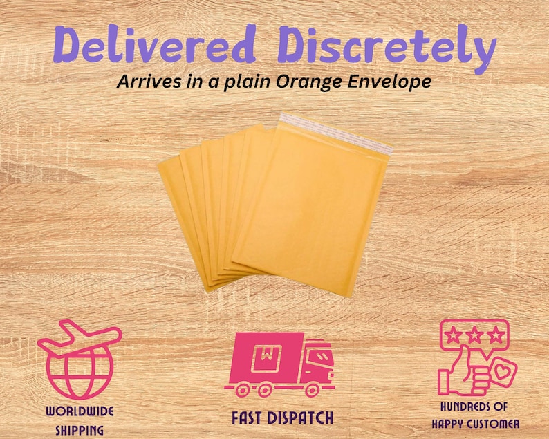 May include: A stack of orange envelopes with the text "Delivered Discretely Arrives in a plain Orange Envelope" on a wooden surface.  The image also includes three icons: a globe with an airplane, a truck, and a thumbs up with five stars.