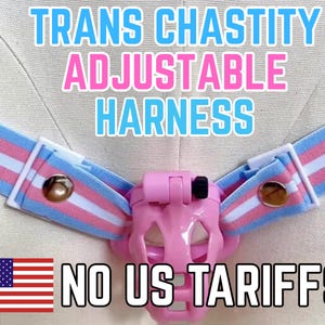 Peut inclure: Un harnais de chasteté rose réglable avec une sangle à rayures bleues, blanches et roses. Le texte "TRANS CHASTITY ADJUSTABLE HARNESS" est affiché dans l'image.