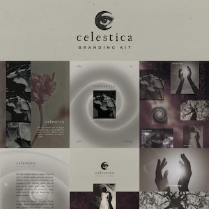 Puede incluir: Un kit de marca titulado Celestica que presenta un logotipo con un ojo dentro de una luna creciente. El diseño incluye varias imágenes monocromáticas de figuras, manos, árboles y patrones en espiral, junto a textos sobre temas celestiales.