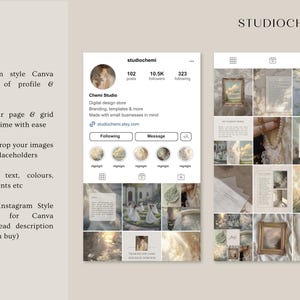 May include: A digital design store Instagram profile mockup with a grid of nine images. The images are in a light and airy aesthetic with a focus on soft colors and textures. The profile includes the store name "Chemi Studio", the number of posts, followers, and following, and a call to action to follow or message the store.