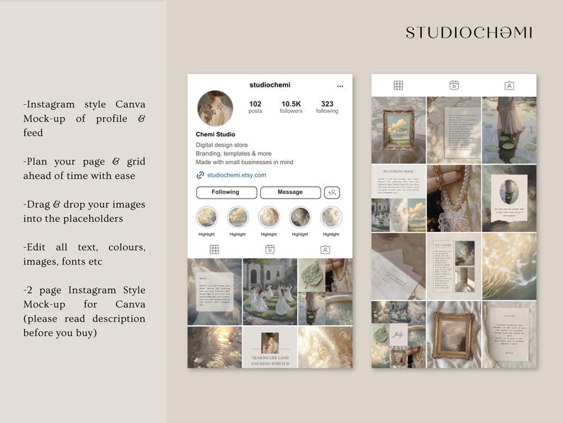 May include: A digital design store Instagram profile mockup with a grid of nine images. The images are in a light and airy aesthetic with a focus on soft colors and textures. The profile includes the store name "Chemi Studio", the number of posts, followers, and following, and a call to action to follow or message the store.