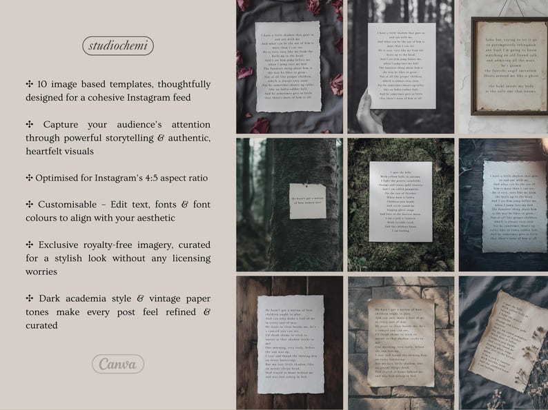 Poets & Writers, Dark Moody Aesthetic Paper Quote Canva Templates For Instagram. IG Posts, Dark Academia Gothic Diary Collage Style image 7