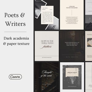 Modelli di Instagram per: poeti, scrittori, blogger, artisti, autori, post e storie modificabili con Canva, layout di testo minimale e scuro in stile accademico