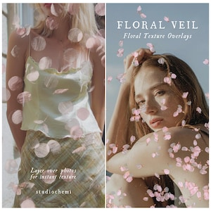 May include: A digital product display titled Floral Veil Floral Texture Overlays with text Layer over photos for instant texture and studiochemi. The image features two panels showing photographic overlays of floating pink flower petals.