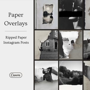 Puede incluir: Un collage de texturas de papel rasgado con varias imágenes, incluyendo un paisaje, una pareja, un periódico y un edificio. El texto "Paper Overlays" y "Ripped Paper Instagram Posts" se muestra en el collage. El logotipo de Canva también es visible.