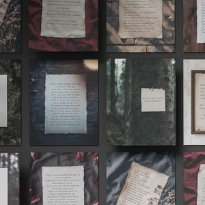 Poetas y escritores, plantillas de Canva con citas en papel de estética oscura y melancólica para Instagram. Publicaciones de IG, estilo collage de diario gótico de academia oscura