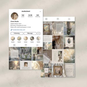 May include: A collage of Instagram photos featuring a variety of images, including a painting of a woman in a white dress, a photo of a lake, and a photo of a book. The photos are arranged in a grid pattern and are all in a light and airy style.