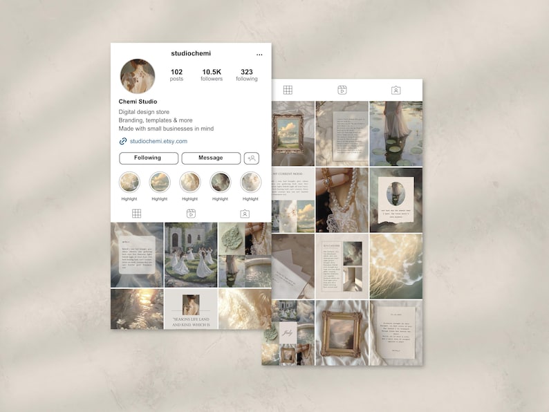 May include: A collage of Instagram photos featuring a variety of images, including a painting of a woman in a white dress, a photo of a lake, and a photo of a book. The photos are arranged in a grid pattern and are all in a light and airy style.