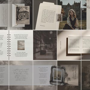 Può includere: Un collage di cancelleria e fotografie estetiche, con note manoscritte, una foto di un edificio d'epoca e una donna che legge. La tavolozza dei colori è attenuata con toni seppia, creando un'atmosfera vintage e artistica.
