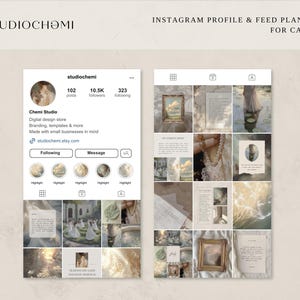 May include: A digital planner template for Instagram featuring a grid of nine images. The images are in a light and airy aesthetic with a neutral color palette of white, cream, and beige. The images include a painting of a landscape, a book with text, a woman in a white dress, a pearl necklace, a bouquet of dried flowers, and a vintage-style frame.